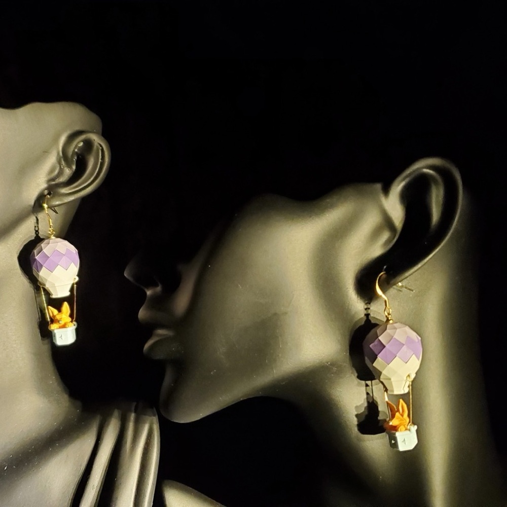 Purple and Gold Cartoon Fox Hot Air Balloon Earrings